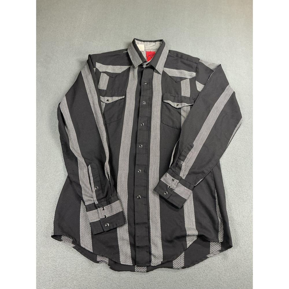 Vintage Roper pearl snap shirt Mens‎ L Black Grey Stripe Western Long Tail 90s
